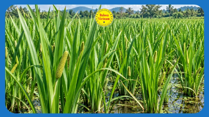 Cây thủy xương bồ (Acorus calamus) trổ bông mọc ven đầm nước, hình đại diện bài viết về Tinh dầu Thủy Xương Bồ và 9 tên gọi thường gặp